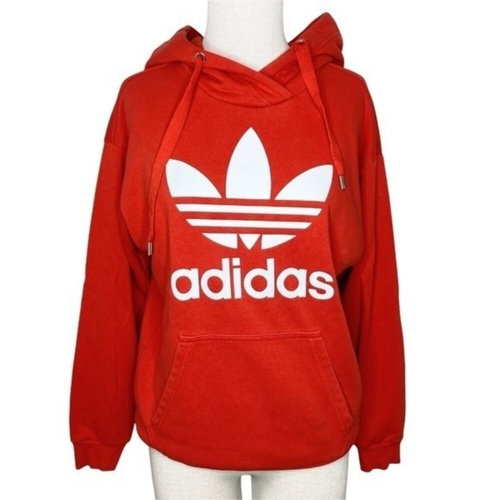 Adidas Originals Trefoil Hoodie Sz XXS * White Logo Red Orange Hooded Sweatshirt